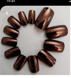 Copper Metallic Nail Polish, Brown Metalic Nails, Rust Chrome Nails, Metallic Brown Nails, Bronze Nails Acrylic, Brown Metallic Nails, Copper Chrome Nails, Gold Tip Nails