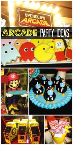 an assortment of birthday party items including cupcakes, cake and candy boxes with mario's arcade theme