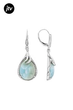 16x12mm pear shape cabochon blue larimar with .32ctw round white topaz rhodium over sterling silver dangle earrings. Measure approximately 1 5/8"L x 5/8"W. Lever backings. Elegant Larimar Cabochon Jewelry, Elegant Larimar Dangle Earrings, Elegant Round Larimar Jewelry, Elegant Larimar Jewelry, Silver Teardrop Larimar Jewelry, Silver Larimar Dangle Jewelry, Elegant Larimar Jewelry For Formal Events, Silver Dangle Earrings, Sterling Silver Dangle Earrings