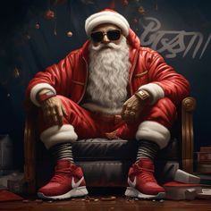 a painting of santa claus sitting in a chair with his feet crossed and wearing sunglasses