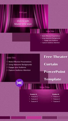 a purple and black business card with the words free theater, curtain powerpoint template