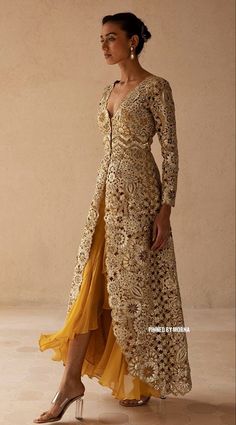 Wedding Guest Indian Outfit, Traditional Jackets For Women Indian, Indian Cocktail Outfits For Women, Gold Dress With Sleeves, Indian Outfits Modern, Floral Cutwork, Gown Chiffon, Organza Jacket, Ruffled Gown