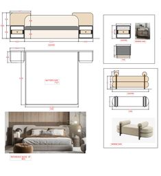 an image of a bedroom with furniture and measurements