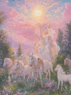 a painting of a woman surrounded by white horses in a field with trees and flowers