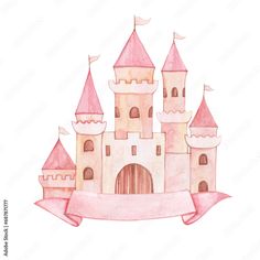 a watercolor drawing of a pink castle with a ribbon around the front and side