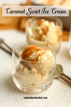 three bowls filled with ice cream and caramel toppings next to spoons on a table