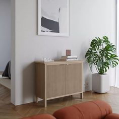 a living room with a couch, table and potted plant on the sideboard