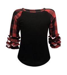 ILTEX Apparel Kids Clothing Buffalo Black Red Plaid Ruffle Kids Two Tone Shirt, Kids Tank Tops, Sequin Patch, Hat Patches, Tank Top Dress, Black Body, Ruffle Sleeves, Kids Tops, Red Plaid