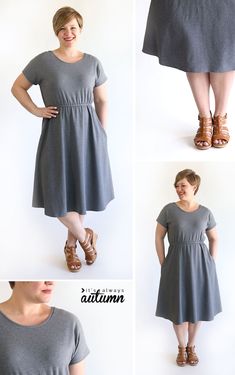 four different pictures of a woman in grey dress and brown sandals, with her hands on her hips