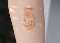 an orange cat tattoo on the left arm and right leg, with light shining through it