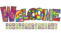 the word welcome is made up of multicolored letters and swirly designs on a white background