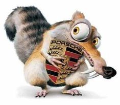 a chippy squirrel holding a porsche emblem