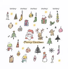 merry christmas greeting card with hand drawn doodles and cartoon characters on white paper