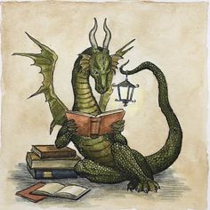 a green dragon sitting on top of a pile of books next to an open book