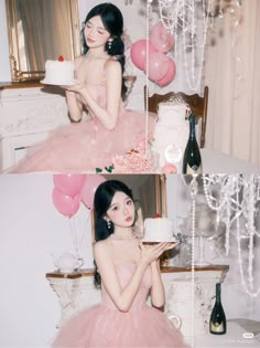 a woman in a pink dress holding a cake