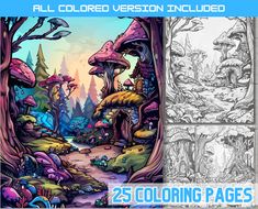 the coloring page for all colored version includes an image of a forest with lots of trees and