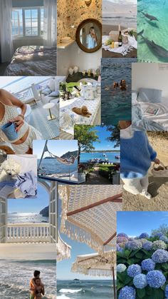 a collage of photos with blue and white flowers in the foreground, an open window to the ocean