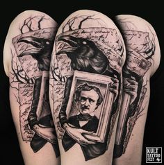 two black and white tattoos on both legs with an image of a man holding a framed photo