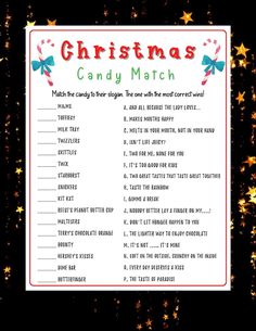 a christmas candy match game with stars in the background and text that reads, christmas candy match