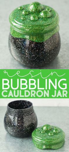 there is a jar with green glitter on it and the words bubbleling cauldron jar