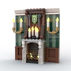 a lego fireplace with lit candles on it's sides and a shield over the fire