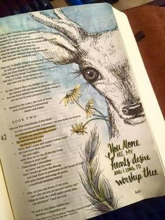 an open book with a drawing of a deer on the page and words written in it