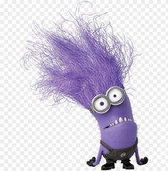 a purple minion with big eyes and long hair on it's head, standing in front of a white background