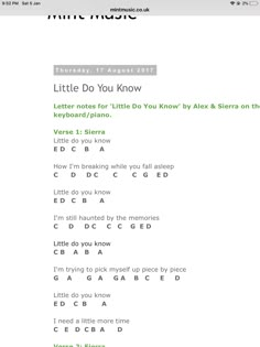 the little do you know song is shown in green and white, as well as other words