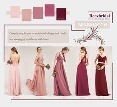 four bridesmaid dresses in different colors and sizes, with the same color scheme