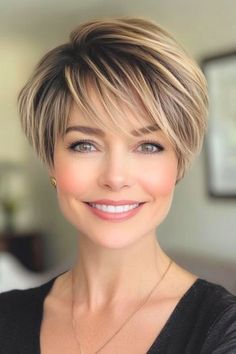 Save this pin for the best pixie hairstyles with bangs. Looking for a chic update? This pixie hairstyle brings the wow factor. The tapered cut creates a sleek shape, while highlights add brightness throughout the entire haircut. Above The Ear Haircuts For Women, Feathered Pixie Bob, Blonde Pixie With Lowlights, Short Hair Styles Square Face, Short Hair Behind Ears Hairstyles, Longer Pixie Haircut With Bangs, Short Haircuts For Straight Hair Layered, Pixie Hair With Highlights, Bowl Pixie Haircut