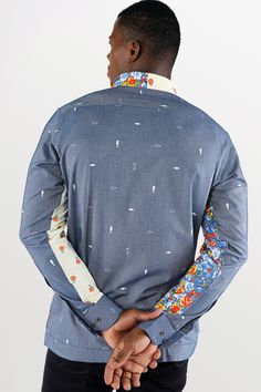 Introducing our Neptune Blue with Amethyst Gray Floral Printed Denim Designer Shirt! This stylish piece features exquisite flap pockets, adding a touch of flair to your ensemble. Made with premium denim, it combines comfort and elegance effortlessly. The intricate floral print adds charming touch, making it perfect for both casual outings and special occasions. Elevate your fashion game with this must-have shirt! Fused collar and cuffs, collar stand and flat felled side seams provide structure a Cotton Shirts For Men, Shoulder Shirts, Printed Denim, Grey Floral, Full Sleeves, Premium Denim, Collar And Cuff, Floral Printed, Full Sleeve