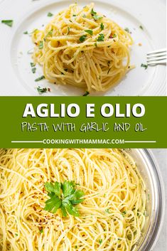 pasta with garlic and oil on a white plate