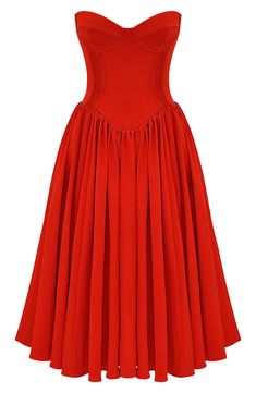 A corseted bodice creates a stunning silhouette on a fit-and-flare dress finished with a voluminous midi skirt for modern allure. Exclusive retailer Hidden back-zip closure Sweetheart neck Strapless Partially lined 65% Richcel viscose, 35% polyester Dry clean Imported Red Carpet Midi Dress, 50s Christmas Dress, Winter Gala Dress Formal, Valentines Day Dresses For Women Classy, Birthday Dress Midi, Corset Vintage Dress, Red Mexican Dress, Fit And Flare Dress Formal, Red Elegant Wedding