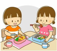 two children eating lunch at a table with chopsticks in their hands and one holding a fork