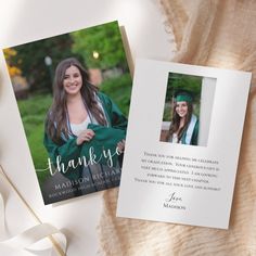 a graduation thank card with an image of a woman wearing a green cap and gown