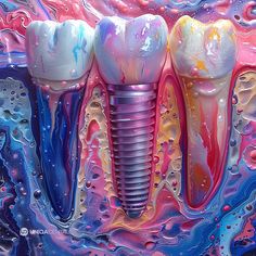 Let’s create some colorful dental implant images with AI. A dental implant in liquid paint, a dental strip, and two artificial teeth with three crowns painted in a colorful style, using a wet-on-wet oil painting technique with fluid acrylic art and soft brush strokes in pink, blue, and purple colors. The painting is highly detailed and hyperrealistic. Dental Marketing Social Media, Artificial Teeth, Elephant Toothpaste Experiment, Denture Adhesives, Dental Cement, Elephant Toothpaste, Dental Office Architecture, Dentist Art