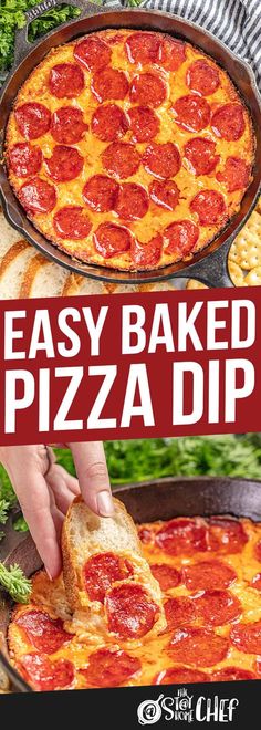 the easy baked pizza dip is ready to be eaten