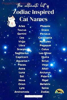 the zodiac sign for cats names in front of a night sky with stars and planets