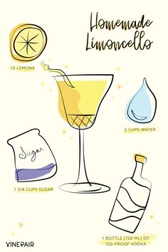 the ingredients for a homemade lemonade drink are shown in this graphic style, including an orange