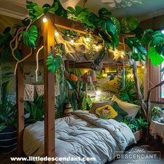 a bedroom decorated with plants and lights