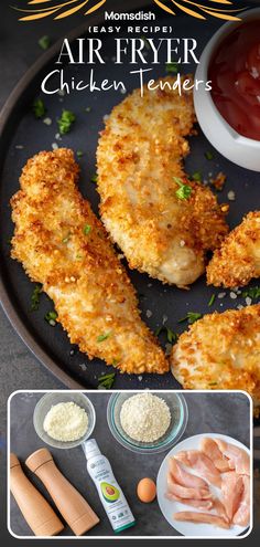 chicken tenders on a plate with sauce and seasoning next to it is the recipe for air fryer chicken tenders