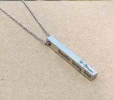 "This listing is for ONE 3D stainless steel necklace. It is available in stainless steel, or rose gold or gold plated stainless steel, with a coordinating chain. The chain is available in 18\", 20\", 22\" or 24\". I can engrave each side of the bar( 5x40mm) with a name, date, coordinates, short quote or message, Bible verse reference, etc. In the personalization box, you will enter what to engrave on each side of the bar. Front Left Right Back For example: Front NLS Left I Love You Right Lauryn Minimalist Stainless Steel Jewelry Gift For Mom, Minimalist Stainless Steel Jewelry For Mom, Custom Name Stainless Steel Necklaces For Everyday, Custom Name Stainless Steel Necklace For Everyday, Hypoallergenic Stainless Steel Necklaces As Gifts, Customizable Stainless Steel Necklaces As Gift For Mom, Customizable Stainless Steel Necklace For Mom, Hypoallergenic Stainless Steel Necklace For Gift, Everyday Stainless Steel Necklace For Mother's Day