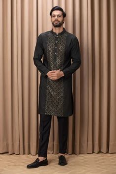 Olive green kurta with sequin embroidered front. Comes with pant. - Aza Fashions Kurta Set For Men, Olive Green Jacket, Couture Outfits, Mens Luxury Fashion, Thread Embroidery, Olive Green Color, Embroidered Jacket, Thread Work, Kurta Set