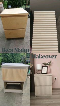 the before and after shots of an ikea maln makeover with wood furniture