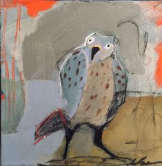 a painting of a bird sitting on top of a wooden table