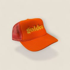 Life is GOLDEN especially when wearing this Golden Trucker Hat! Orange hat with embroidered yellow design. All of our products are handmade to order and ship within 10 business days. Thank you for shopping small! Gold Casual Trucker Hat, One Size Fits Most, Gold Casual Trucker Hat One Size, Gold Casual Trucker Hat, Casual Gold Trucker Hat One Size, Casual Gold Trucker Hat One Size Fits Most, Gold Adjustable Flat Brim Trucker Hat, Adjustable Gold Baseball Cap For Summer, Adjustable Gold Cap, Gold Adjustable Cap