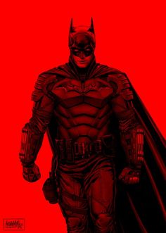 the dark knight is walking down the street in his batman costume, with red background