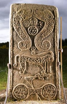 a large stone with an intricate design on it's face and legs, sitting in the middle of a field