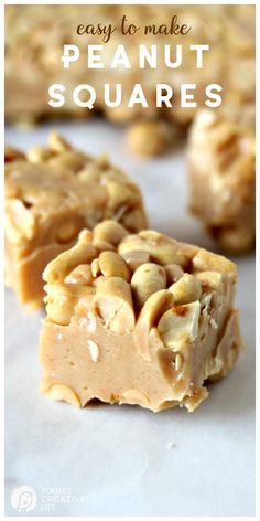 peanut butter squares are stacked on top of each other with the words, easy to make peanut