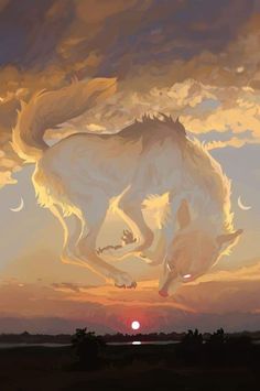 a painting of a white horse jumping in the air at sunset with clouds and sun behind it